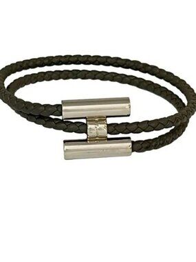 HERMES Tournis Silver Beige Leather Hardware Bracelet